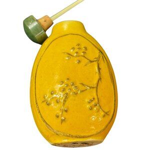 Vintage Ceramic Snuff BottleYellow Hand-Painted Landscape & Floral Design